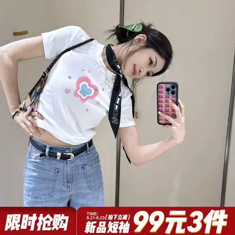 设计感ins风超火蝴蝶印花白色短款t恤女2025夏季新款正肩半袖上衣图片