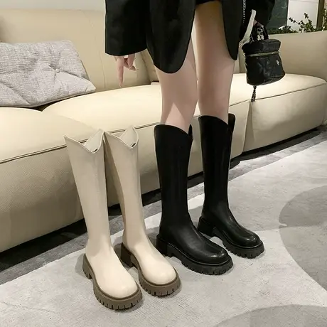 骑士靴女2023年新款夏季v口长筒靴高筒英伦风显瘦厚底不过膝长靴商品大图