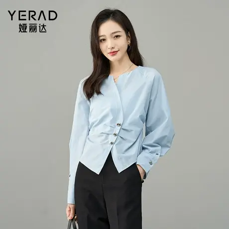 娅丽达设计感开叉蓝色长袖衬衫女2025秋装新款捏褶收腰小衫商品大图