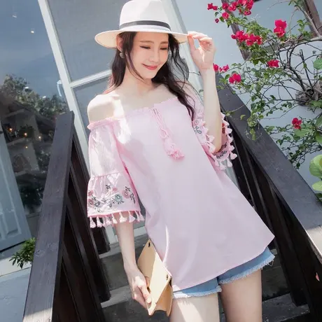 桔熊夏季民族风一字领流苏刺绣喇叭袖中长款上衣女神大码AB15903商品大图