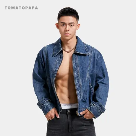 TOMATOPAPA美式牛仔拉链外套潮牌宽松工装风复古夹克休闲百搭上衣商品大图