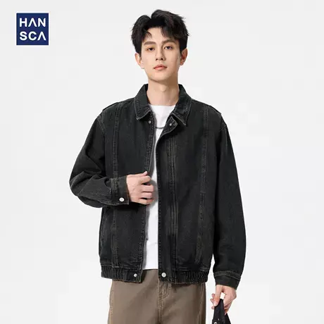 hansca复古港风牛仔外套男秋季2025新款宽松翻领做旧水洗拉链夹克图片