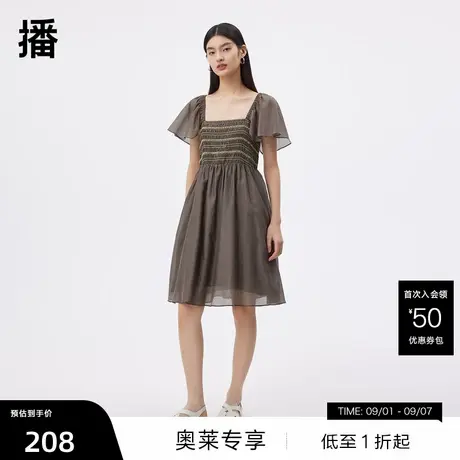 【播奥莱】播商场同款夏季新款彩色花式打揽大气方领连衣裙图片