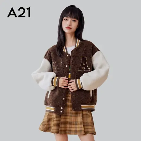 A21女装棒球领羊羔绒外套春秋季新款复古校园风贴布绣花保暖开衫商品大图