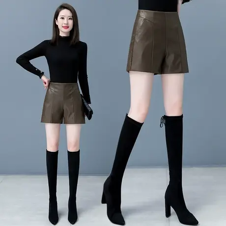 咖色配靴子PU皮短裤女高腰宽松a字阔腿裤秋冬2023新款显瘦皮裤图片