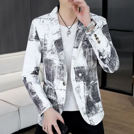 休闲西服男士春秋季时尚印花小西装韩版帅气外套发型师便服单西潮商品大图