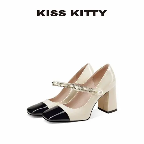 【呼呼专享】KISSKITTY黑白拼色玛丽珍女鞋25新款高跟鞋复古小皮商品大图