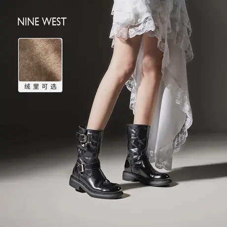 Nine West/玖熙骑士靴子女秋冬真皮瘦瘦靴厚底马丁靴显瘦加绒短靴图片