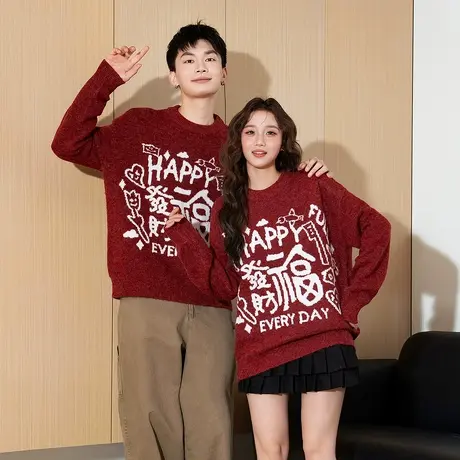 唐狮冬季新款情侣同码红色毛衣圆领复古花纱节日款针织衫潮流TE商品大图