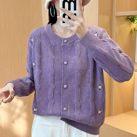 秋季2023年新款早秋圆领短款针织开衫外套女小个子毛衣洋气百搭女商品大图