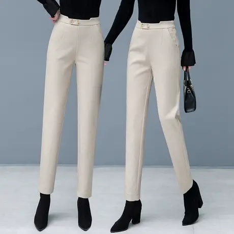 杏色毛呢哈伦裤女2023秋冬新款宽松休闲直筒裤松紧腰小脚萝卜裤子图片