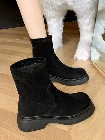 复古绒面平底短靴女2023年新款春秋单靴英伦风厚底弹力瘦瘦马丁靴图片