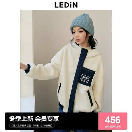 乐町少女运动风连帽毛毛外套女2023年冬季新款大色块拼接宽松上衣图片