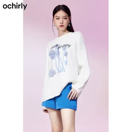 【直播闪降】ochirly欧时力休闲针织衫女新款宽松中长印花刺绣商品大图