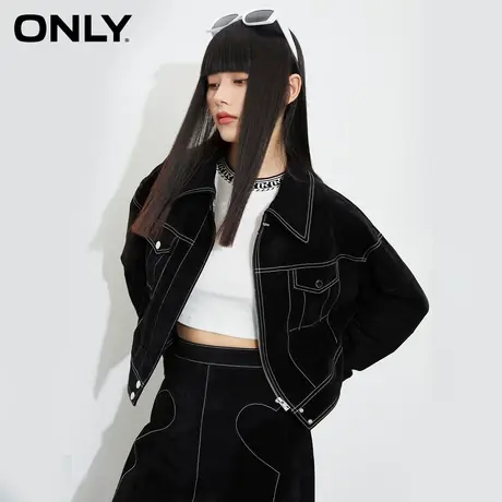 【买5免1】ONLY奥莱通勤风翻领长袖猪皮革短款外套女商品大图
