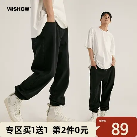 VIISHOW牛仔裤男春秋潮牌ins宽松休闲束脚黑色水洗牛仔束脚长裤子商品大图