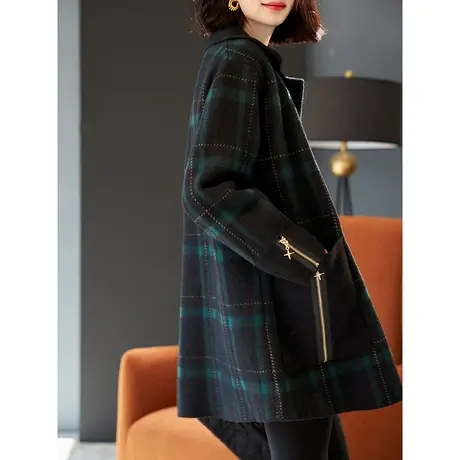 宝诗黎翻领宽松格子羊毛外套女2023秋冬季新款韩版单排扣开衫上衣图片