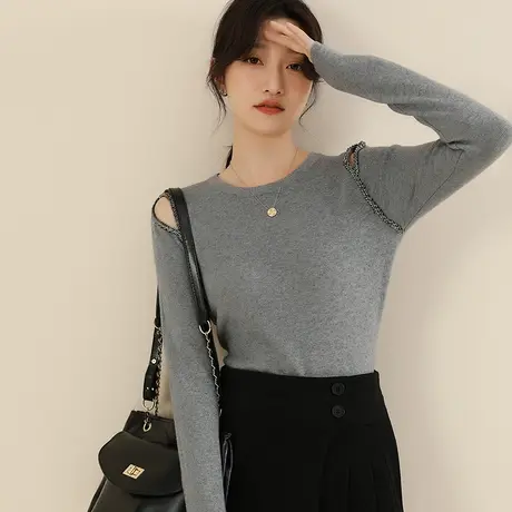 新品8.5折】设计感圆领镂空毛衣女修身显瘦气质打底衫女商品大图