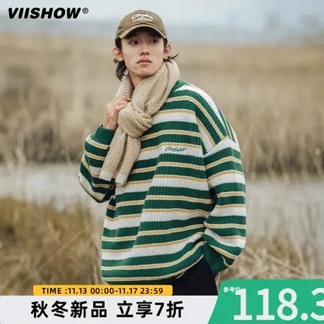 VIISHOW日系撞色条纹毛衣男2023秋冬新款复古粗针宽松潮流针织衫商品大图