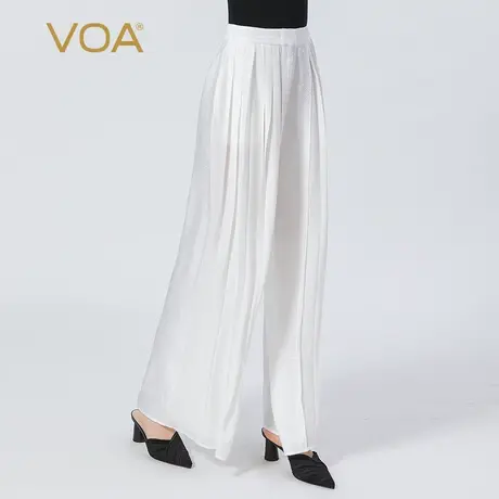 VOA真丝提花拼接双层乔其风琴褶松紧腰百搭文艺长款桑蚕丝阔腿裤商品大图