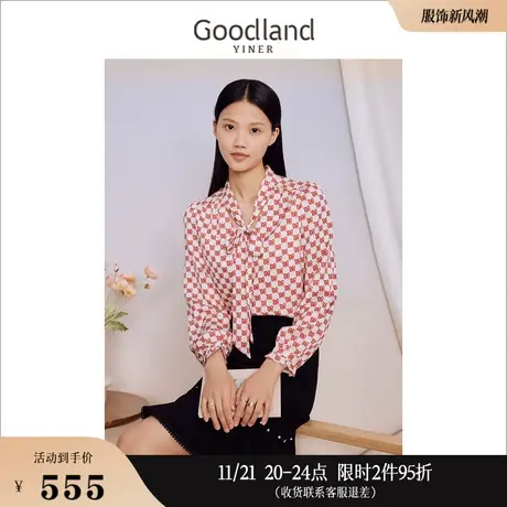 Goodland美地女装2023秋季优雅印花飘逸飘带衬衫木耳花边上衣商品大图