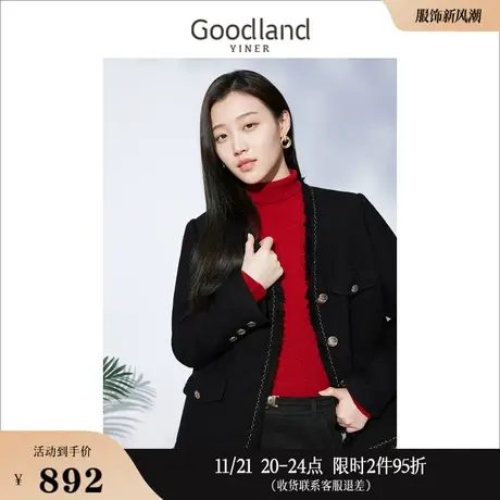 Goodland美地女装冬季法式毛须边设计感轻薄短款白鹅绒羽绒服商品大图