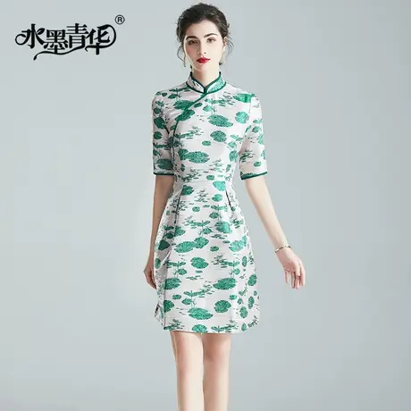 春装新品气质优雅女装立领A字裙时尚修身提花连衣裙图片