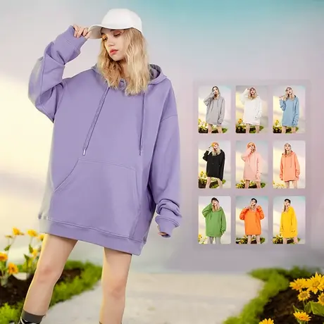 yep纯色连帽卫衣女春秋基础款高级感oversize情侣装复古上衣外套商品大图