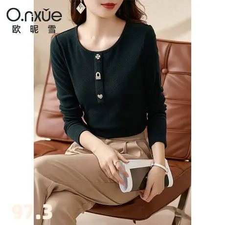 欧昵雪2024春秋新款圆领套头针织T恤女打底衫直筒长袖纯色简约感商品大图