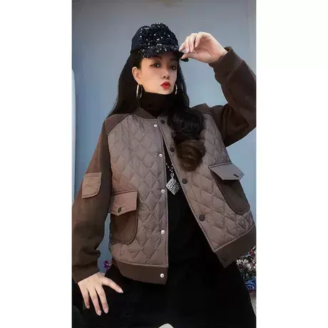 秋冬加厚夹棉菱格拼接短外套女装韩版宽松休闲夹克衫棉衣棒球服潮商品大图