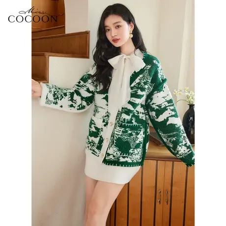 MISSCOCOON国风水墨画毛衣开衫女2023新款春宽松羊毛马海毛针织衫商品大图