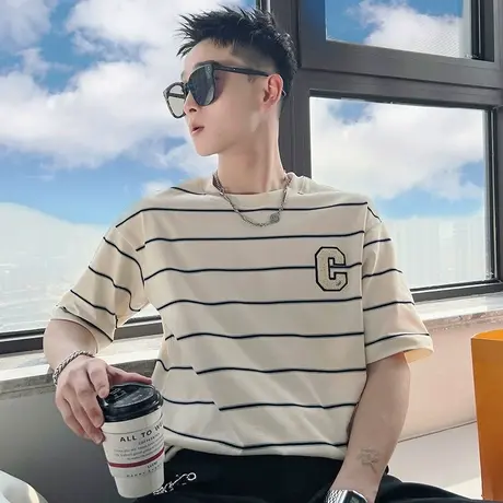 夏季男t恤男装短袖宽松半袖条纹五分袖潮流潮牌时尚休闲学生体恤商品大图