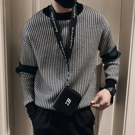 撞色千鸟格毛衣男冬季2023新款重磅加厚小众轻熟内搭格子针织线衣商品大图