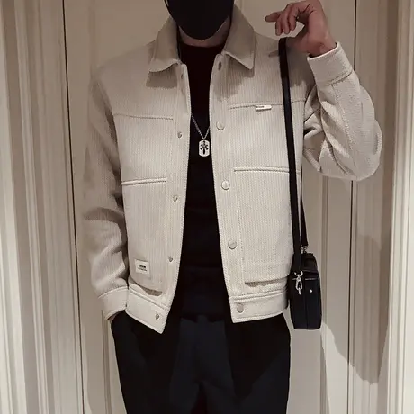 毛呢工装外套男轻熟2023新款纯色简约高级感青年休闲短款呢子夹克商品大图