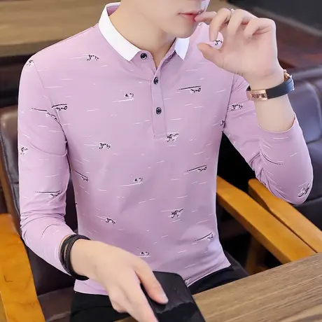 2024秋季新款长袖polo衫男T恤休闲潮流韩版修身青年汗衫纯棉上衣商品大图