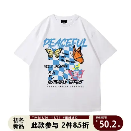 美式高街2023蝴蝶印花半袖T恤情侣装夏重磅纯棉美式设计感ins潮牌商品大图