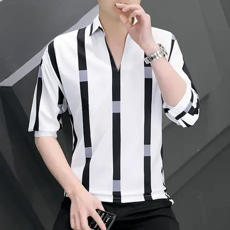 宽松t恤男士夏季衬衫领潮流百搭帅气一套装衣服2022新款男装短袖商品大图