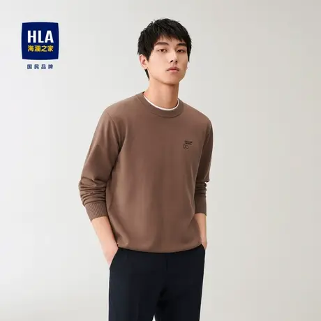 HLA/海澜之家圆领长袖针织衫纯色提花休闲胸前字母刺绣亲肤毛衣男图片