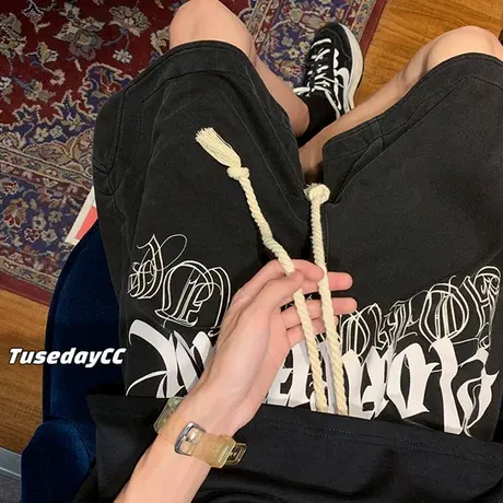 夏季男士短裤冰丝薄款外穿设计感港风抽绳休闲运动美式宽松五分裤商品大图