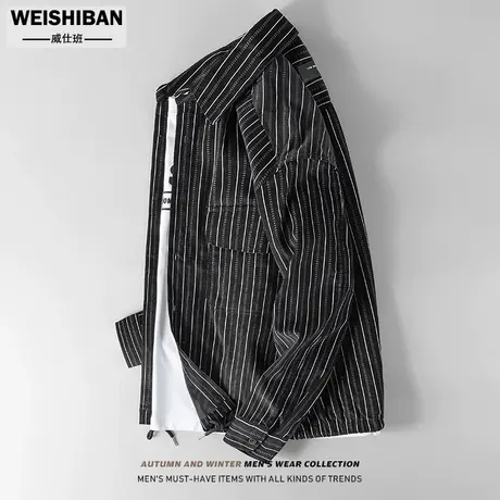 轻熟风复古条纹长袖衬衫男装2023春秋薄款灯芯绒舒适抽绳衬衣外套商品大图