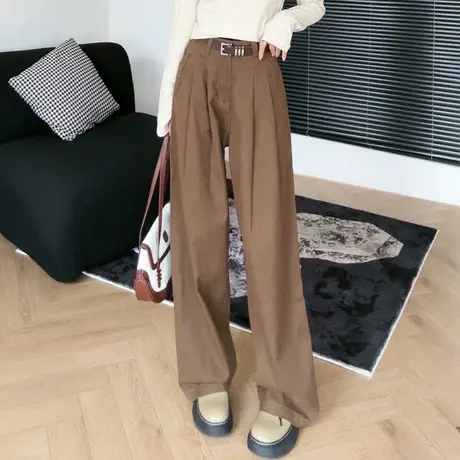 尔给休闲复古宽松高腰棕色阔腿裤女2023新款秋季小个子配腰带裤子图片