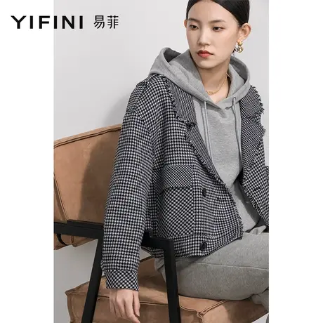 Yifini/易菲大翻领短款宽松外套女春秋新款复古格纹落肩上衣商品大图