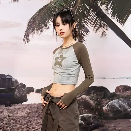 美式短款长袖t恤女春秋ins潮牌设计感小众辣妹修身显瘦内搭打底衫图片