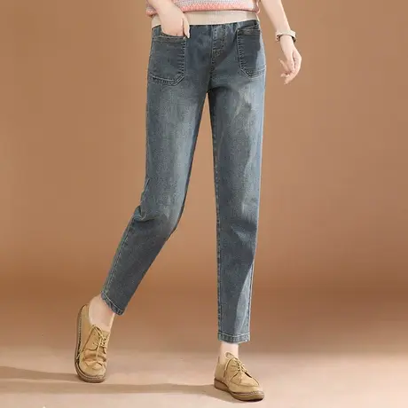 韩潮袭人复古松紧腰牛仔裤女2024春新款宽松显瘦小个子哈伦长裤子图片