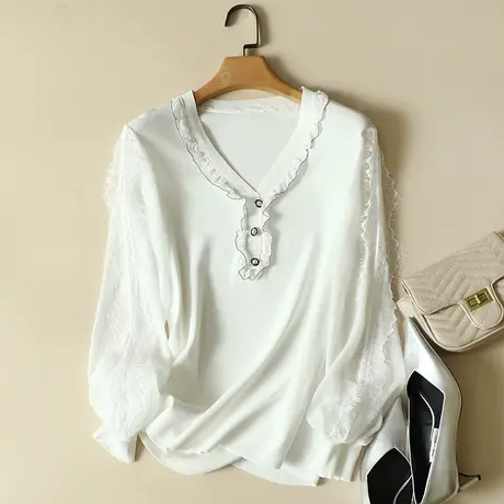 雪纺袖春装2024年新款冰丝针织衫女长袖上衣宽松洋气蕾丝打底衫女图片