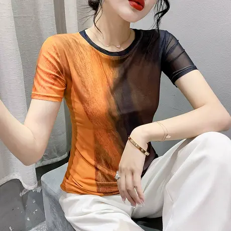 气质网纱短袖T恤女ins夏季2024新款时尚漂亮印花上衣修身圆领小衫图片