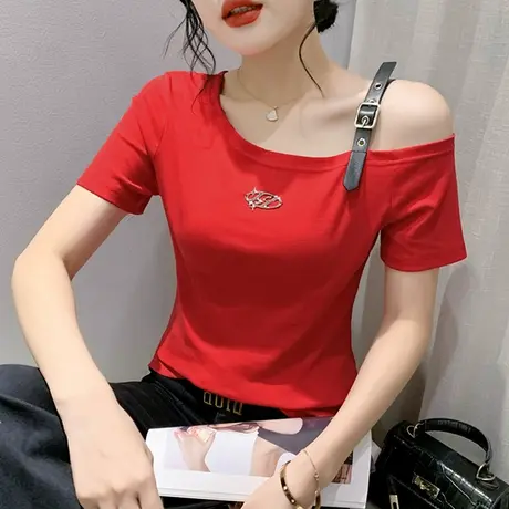 性感一字肩短袖T恤女2024夏季新款时尚洋气百搭上衣露锁骨小衫潮商品大图