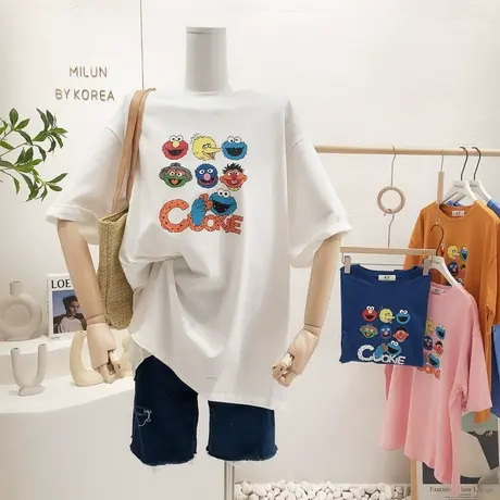 ins港味原宿风搞怪短袖2022夏季韩国东大门卡通印花宽松大版T恤潮图片