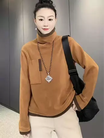 2023秋冬新款休闲简约堆堆领颗粒绒卫衣时尚假两件设计感上衣ins图片