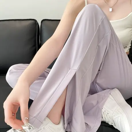 紫色开叉冰丝阔腿裤女夏季薄款高腰垂感宽松直筒裤休闲速干防晒裤商品大图